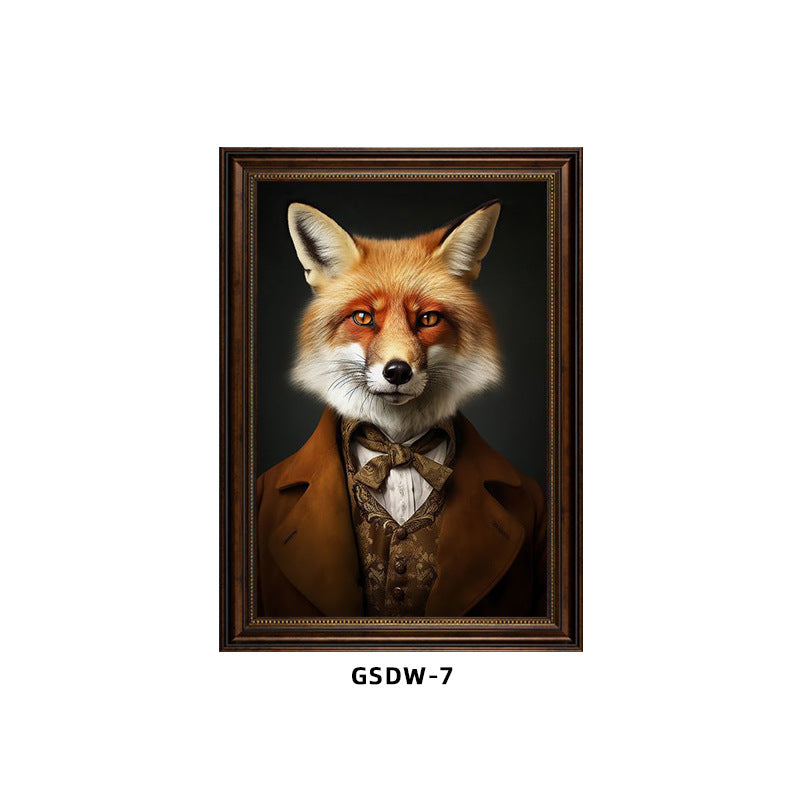Custom animal portrait canvas – fox in brown suit with bow tie, personalized framed wall art