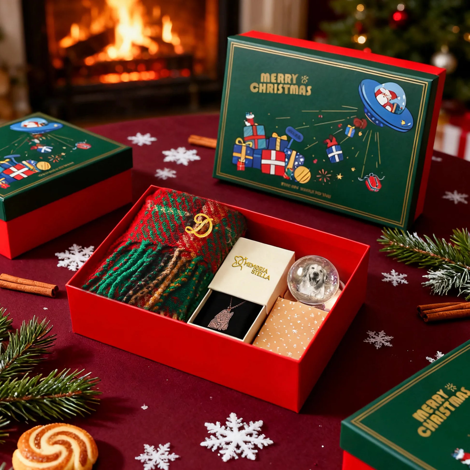 Open Christmas gift box with crystal night light, personalized pet necklace, plaid scarf, stocking and brooch