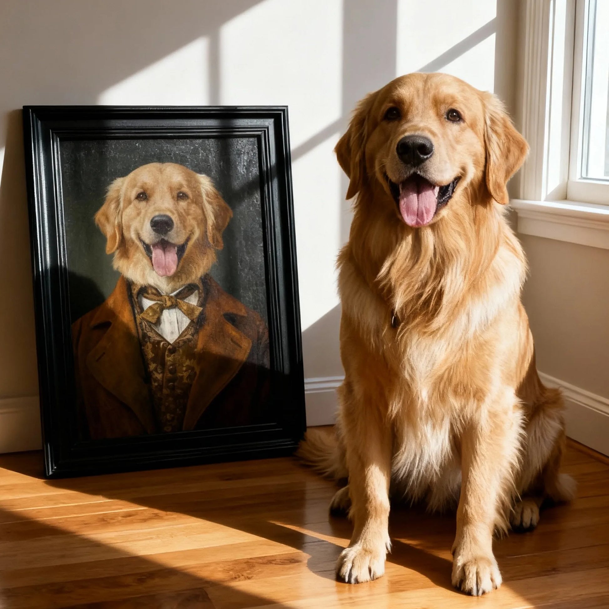 Custom renaissance pet portrait wall art – golden retriever in brown suit, framed canvas print