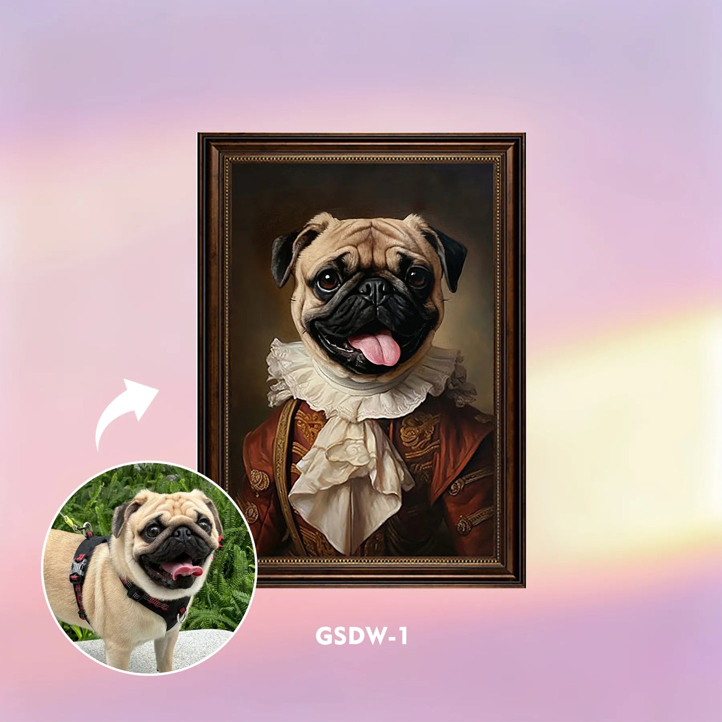 Custom renaissance pet portrait wall art – pug in formal jacket and waistcoat, framed canvas print