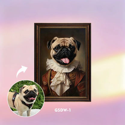 Custom renaissance pet portrait wall art – pug in formal jacket and waistcoat, framed canvas print