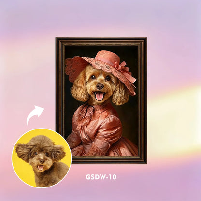 Custom renaissance pet portrait wall art – poodle in pink dress and hat, framed canvas print