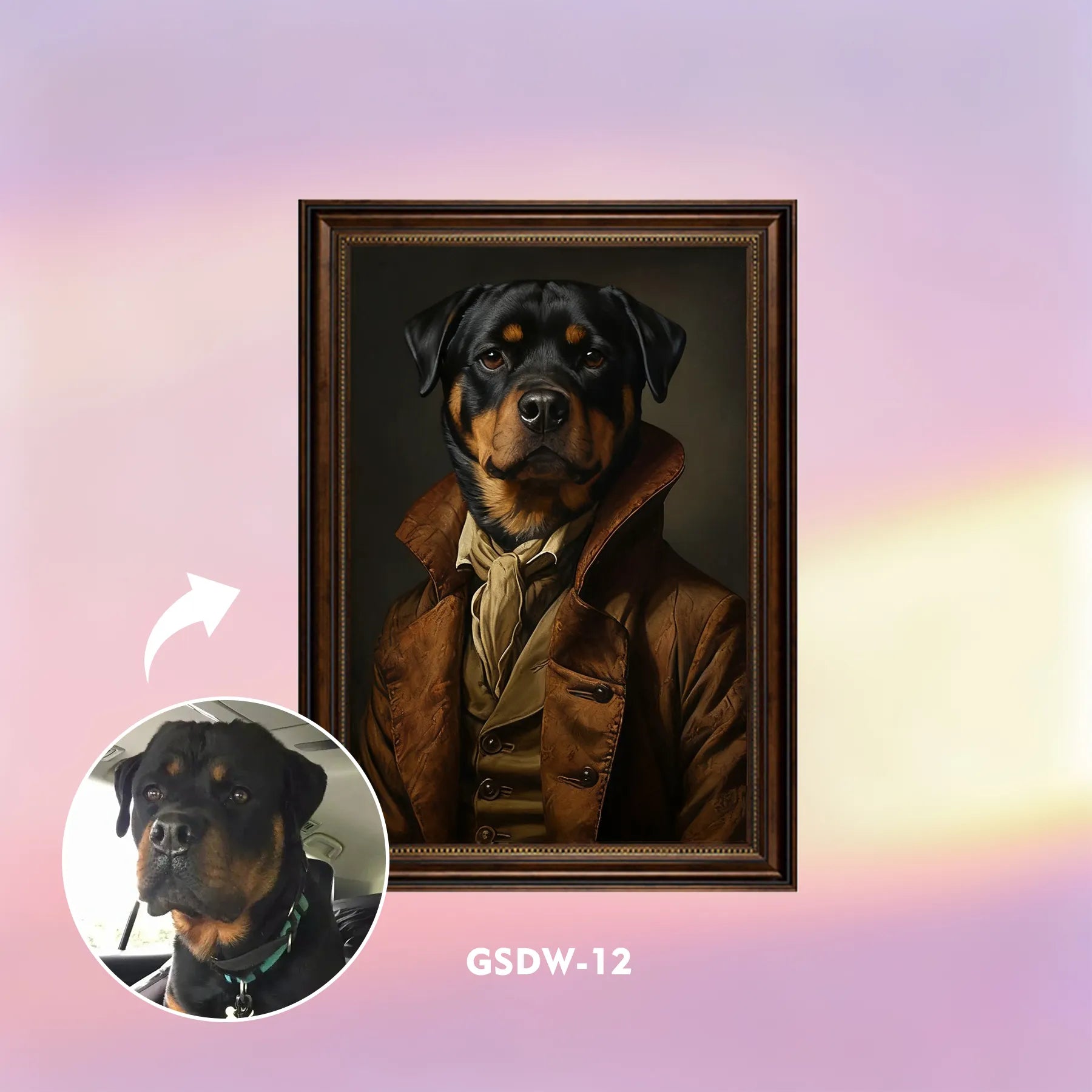 Custom renaissance pet portrait wall art – rottweiler in vintage military coat, framed canvas print