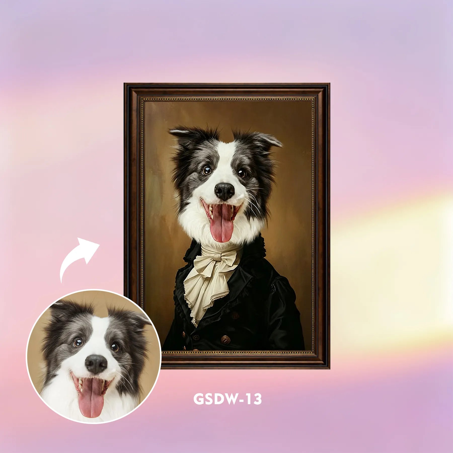 Custom renaissance pet portrait wall art – dog in classic black coat and cravat, framed canvas print