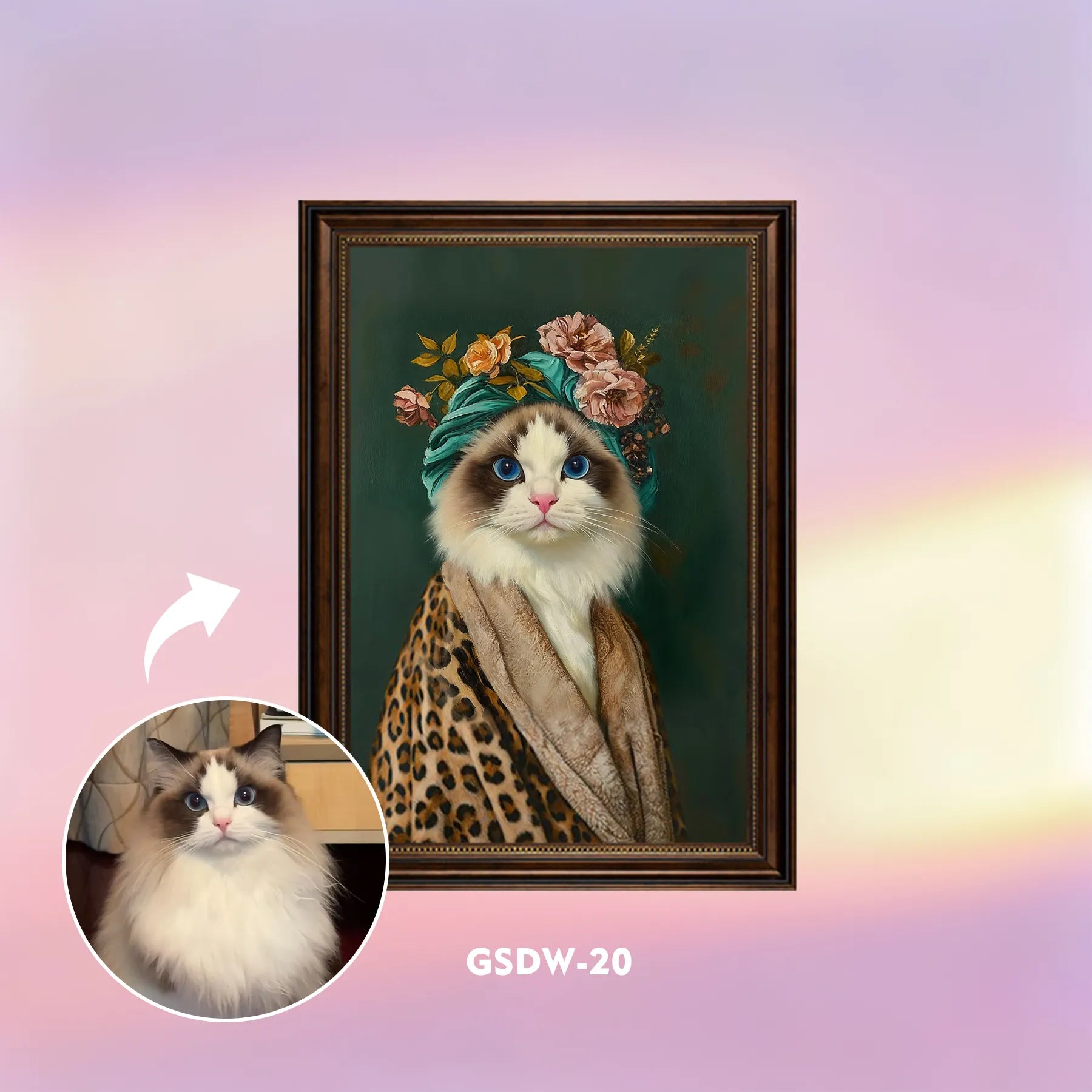 Custom renaissance pet portrait wall art – stylish cat with floral hat and cape, framed canvas print