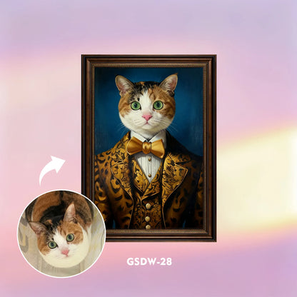 Custom renaissance pet portrait wall art – cat in royal gold jacket and cravat, framed canvas print