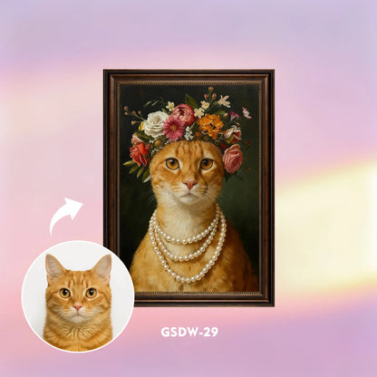 Custom renaissance pet portrait wall art – elegant cat with floral crown and pearls, framed canvas print