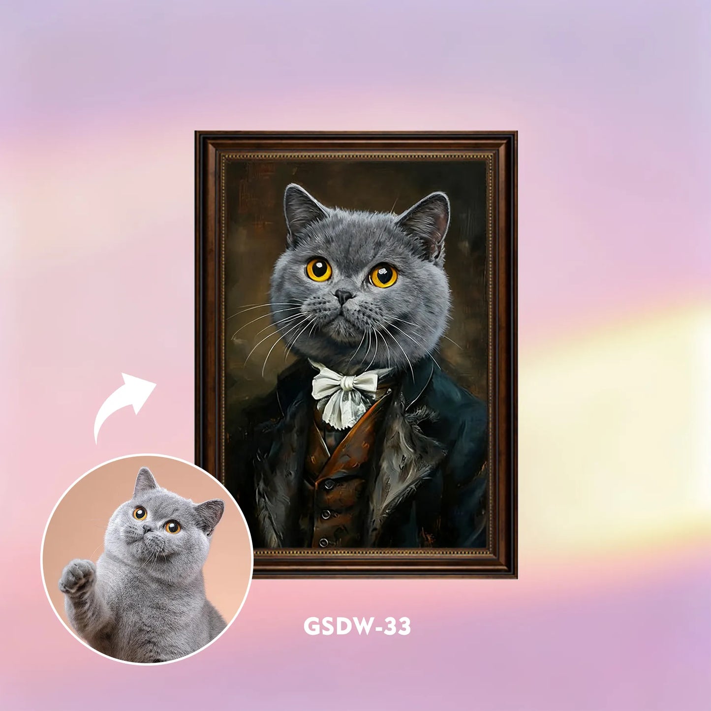 Custom renaissance pet portrait wall art – grey cat in tuxedo and bow tie, framed canvas print