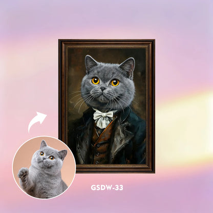 Custom renaissance pet portrait wall art – grey cat in tuxedo and bow tie, framed canvas print