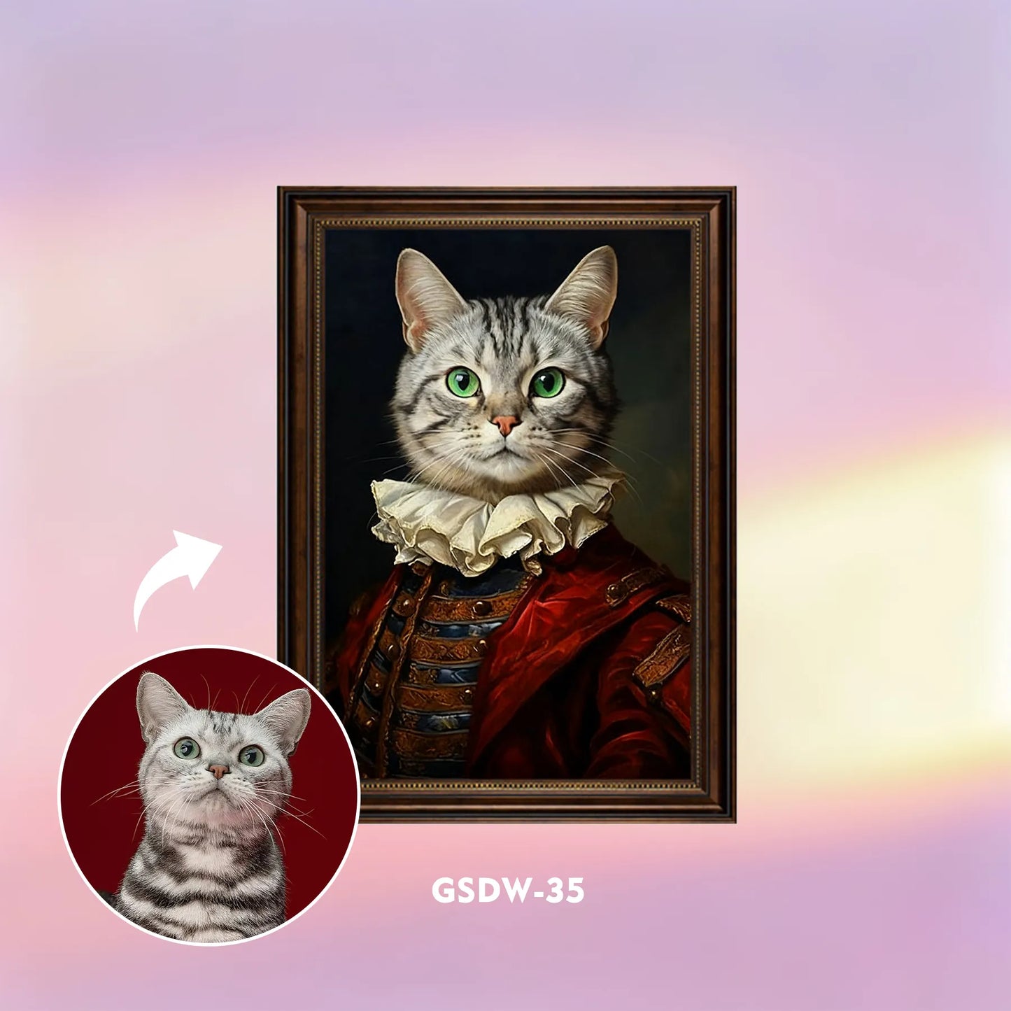 Custom renaissance pet portrait wall art – cat in vintage ruffled outfit, framed canvas print