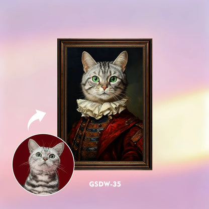 Custom renaissance pet portrait wall art – cat in vintage ruffled outfit, framed canvas print