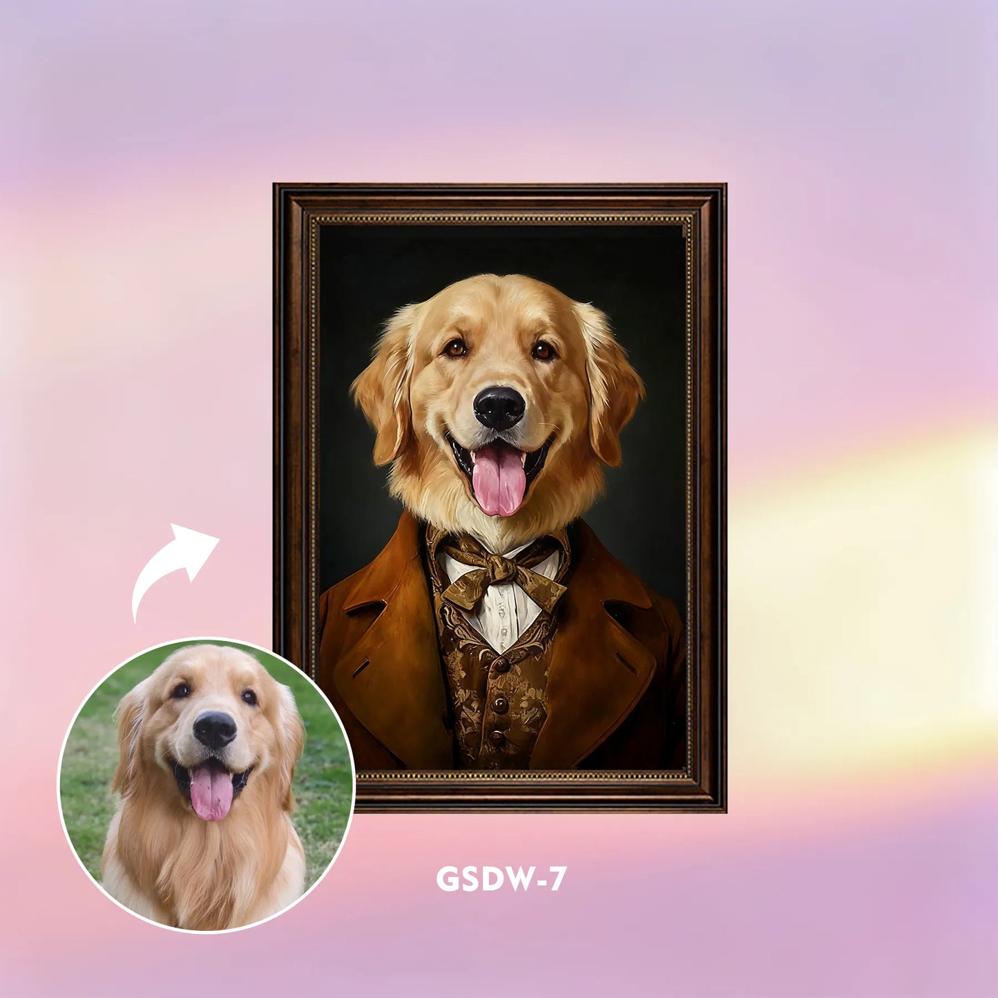 Custom renaissance pet portrait wall art – golden retriever in brown suit, framed canvas print
