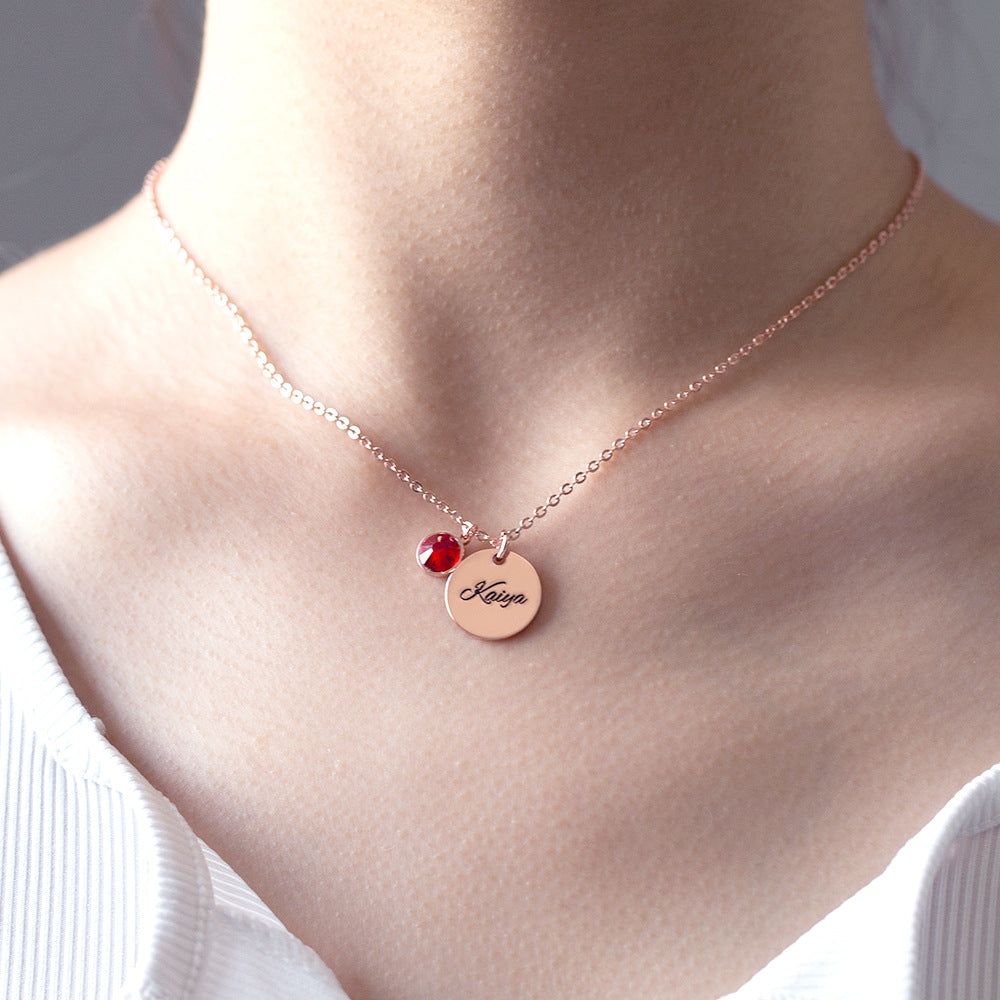 Round name pendant with January birthstone charm in gold finish