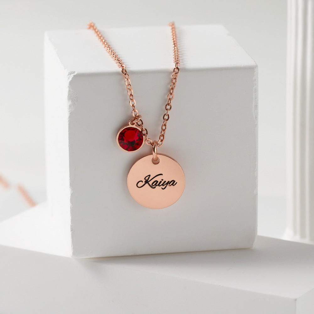 Personalized birthstone disc necklace with engraved name