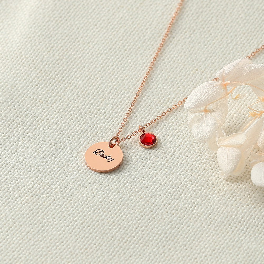 Round name necklace with 12-month birthstone color options