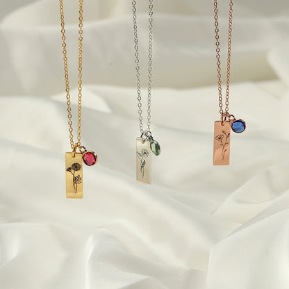 Birthstone bar necklace with personalized name engraving in gold