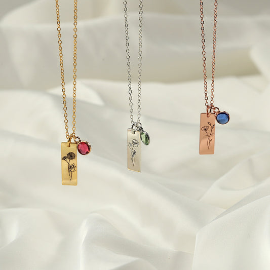 Birthstone bar necklace with personalized name engraving in gold