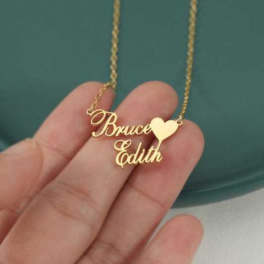 Personalized double name heart necklace in gold finish