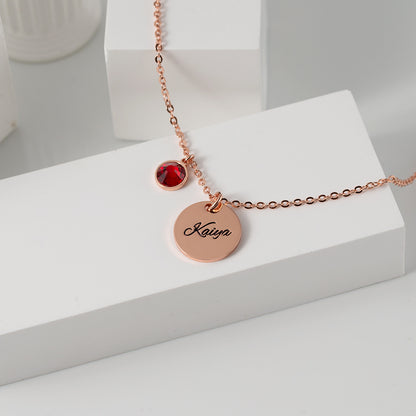 Rose gold round name necklace with birthstone gift box