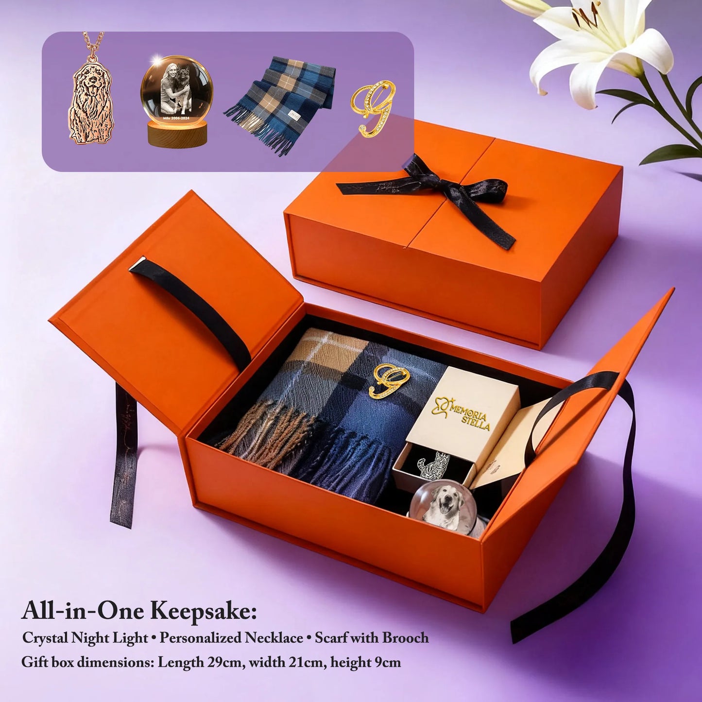 Personalized Christmas gift box — crystal night light, photo necklace, monogram plaid scarf, ready-to-gift packaging