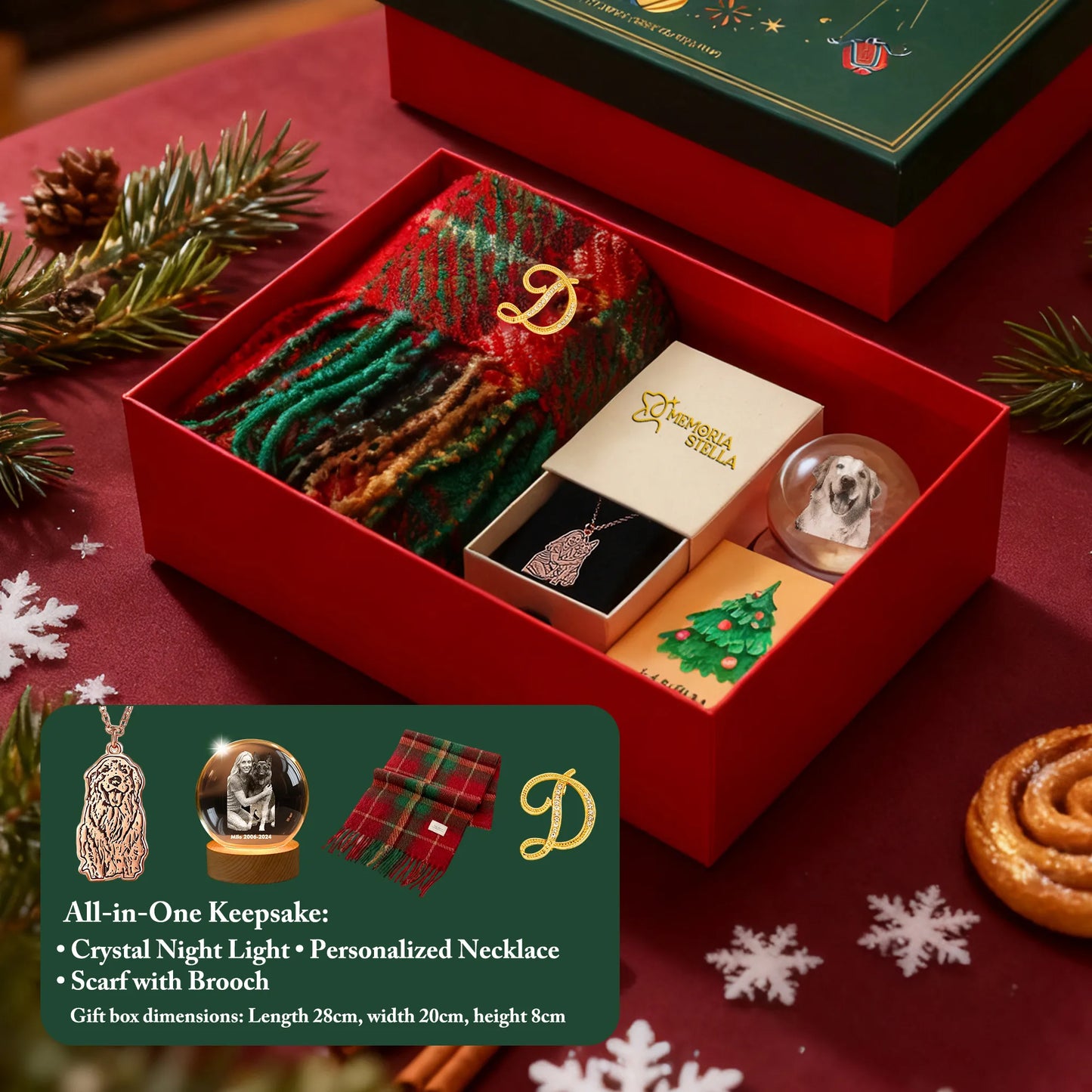 Open holiday gift box showing stocking, plaid scarf, pet photo necklace and crystal night light