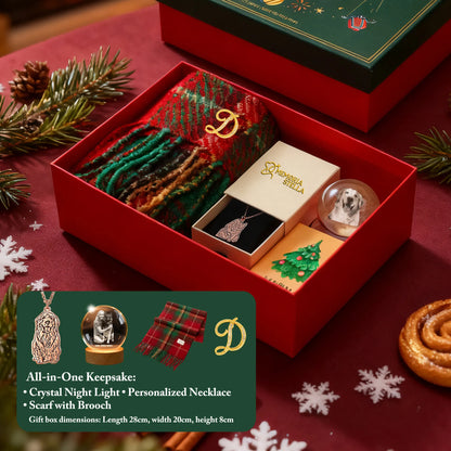 Open holiday gift box showing stocking, plaid scarf, pet photo necklace and crystal night light