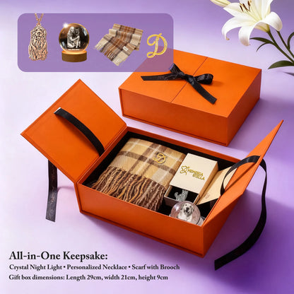 Premium orange gift box with ribbon — gift-ready packaging for crystal night light, photo necklace & scarf