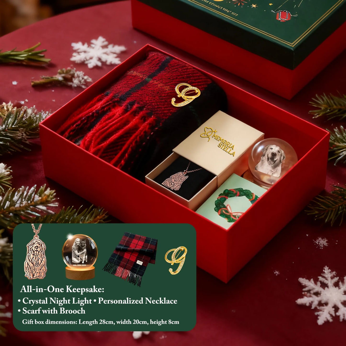 Christmas gift box set with crystal night light, pet necklace, monogram scarf and wreath brooch