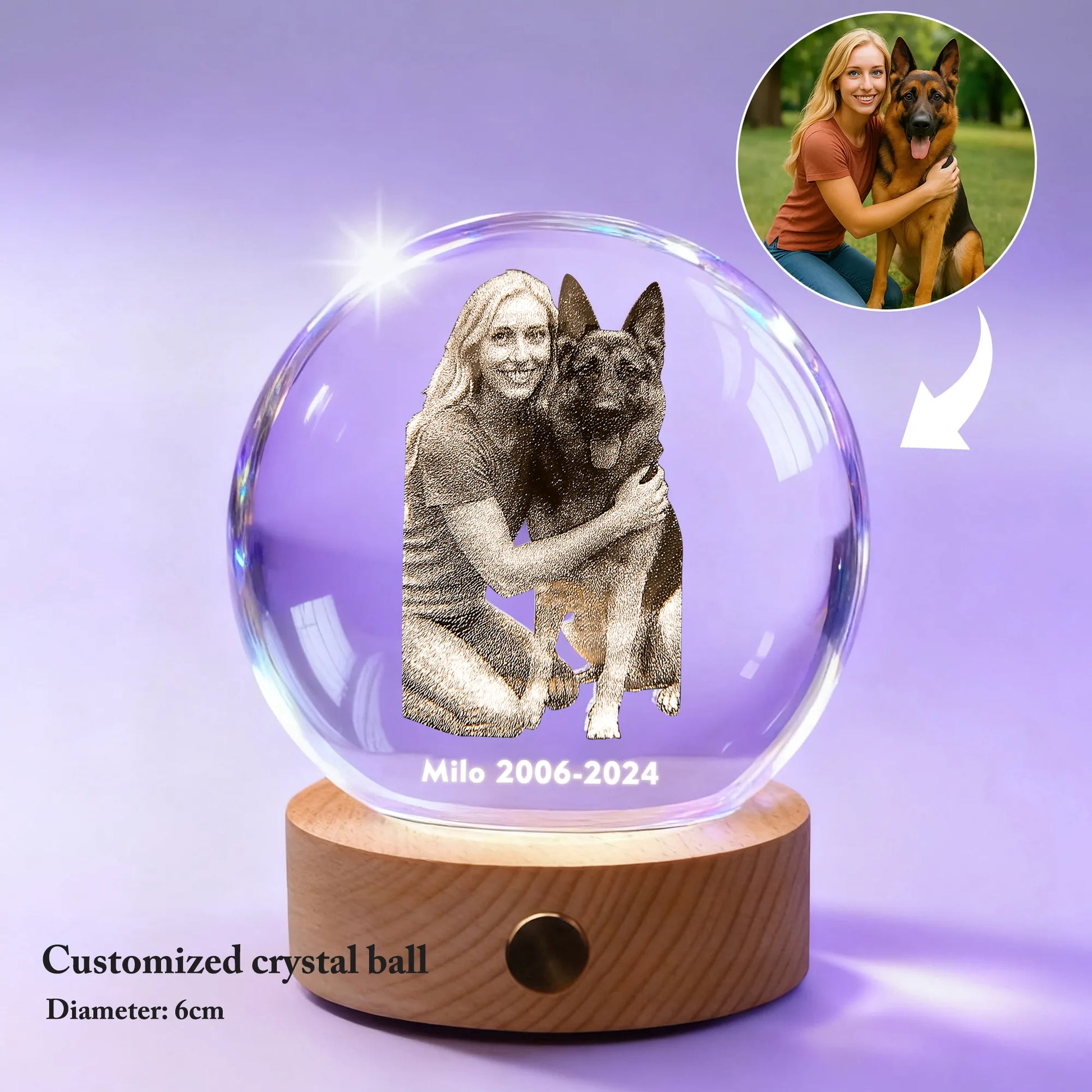 6 cm custom crystal night light with your pet photo on a plug-in wooden base
