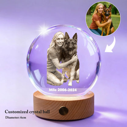 6 cm custom crystal night light with your pet photo on a plug-in wooden base