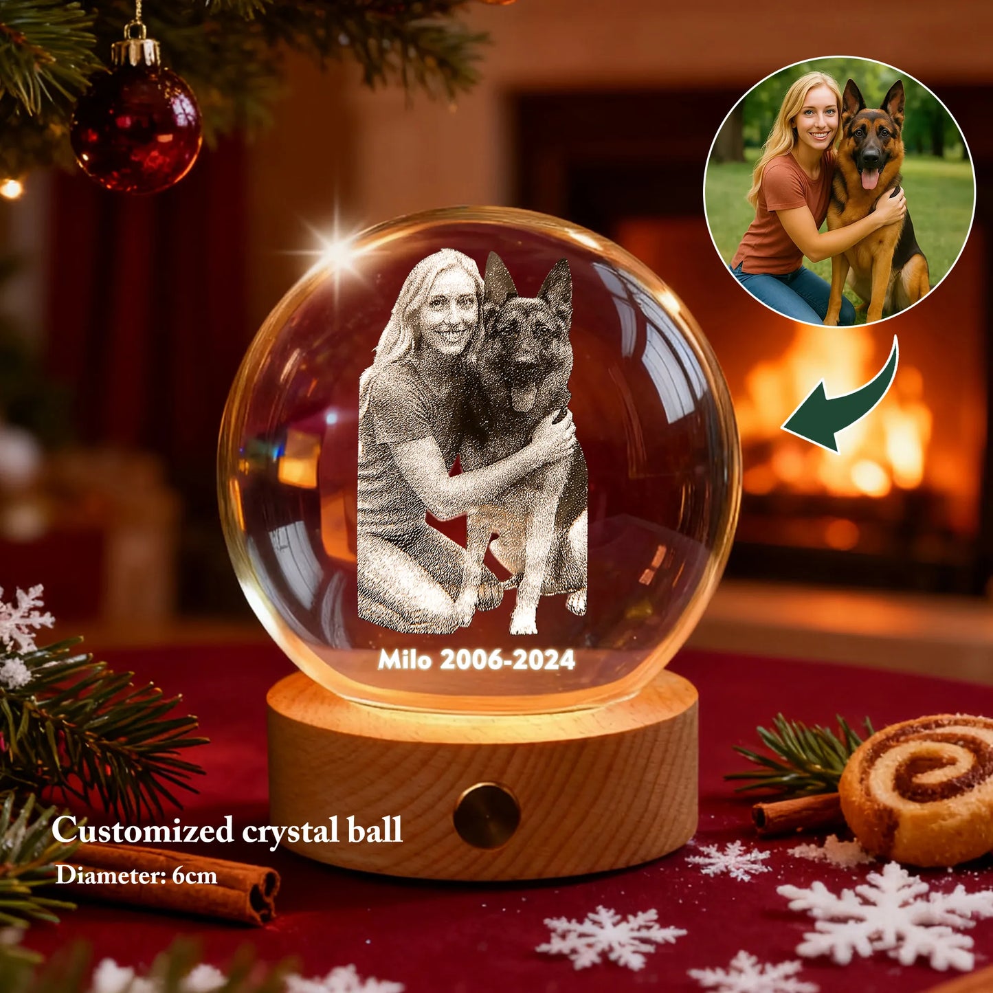 Personalized crystal night light with pet photo on wooden base