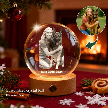 Personalized crystal night light with pet photo on wooden base