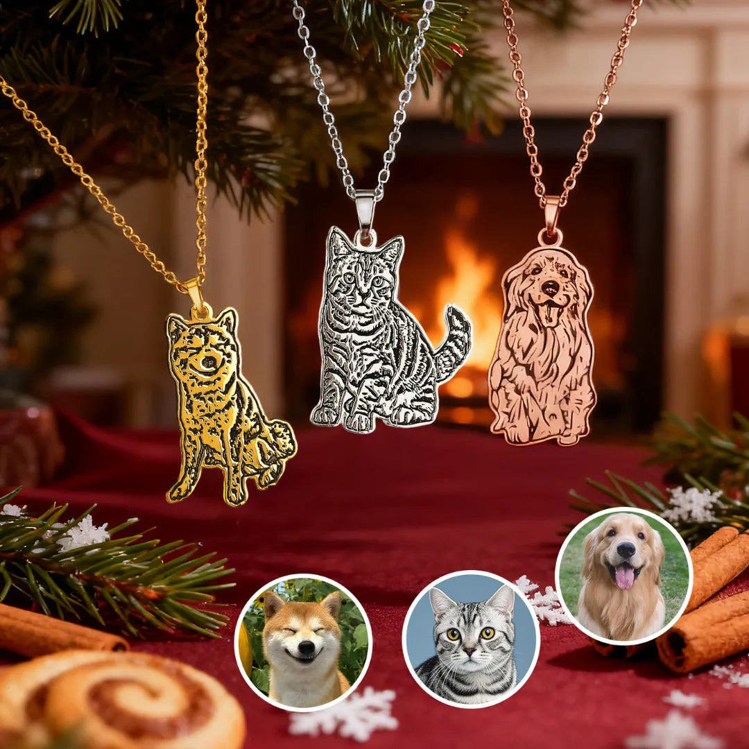Engraved pet photo necklace in stainless steel — silver & gold finishes for Christmas