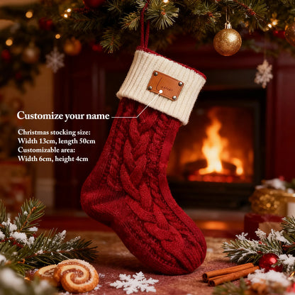 Custom name Christmas stocking hanging by the fireplace — gift pouch