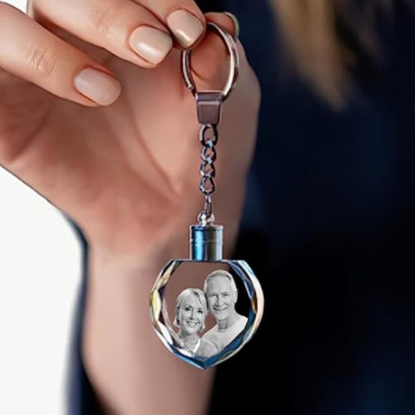 Personalized heart crystal photo keychain used as memorial gift