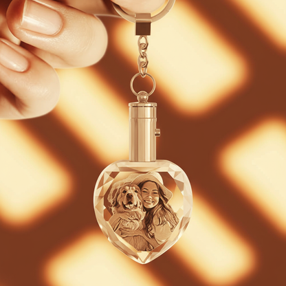 Custom heart crystal keychain with engraved pet portrait