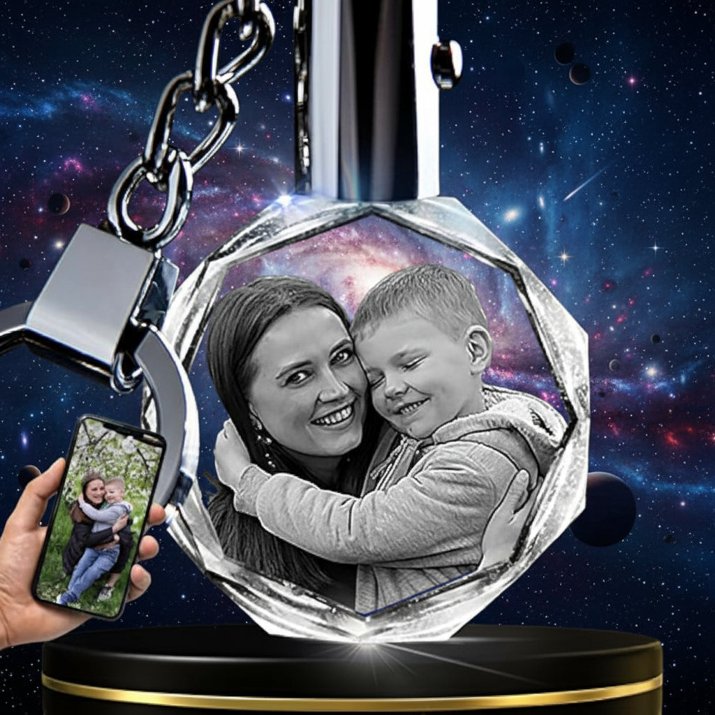 Custom engraved round crystal keychain showing back side design